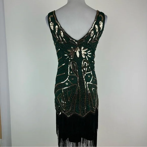 BABEYOND Green Gold Art Deco Sequin Flapper Dress Size XS - Picture 11 of 14